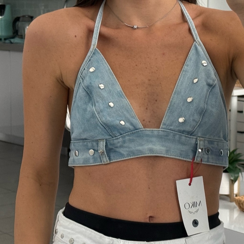 Denim top with silver studs  #festivalvibes handcrafted mini top by Estilo MIKO.